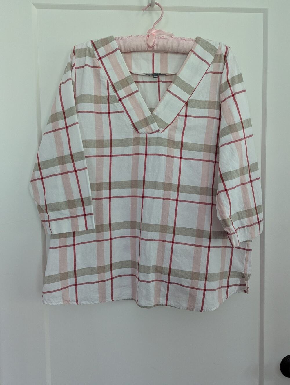 Laura Ashley 14 Pink Red Brown Plaid Tunic Linen V Neck Preppy Country Beach EUC